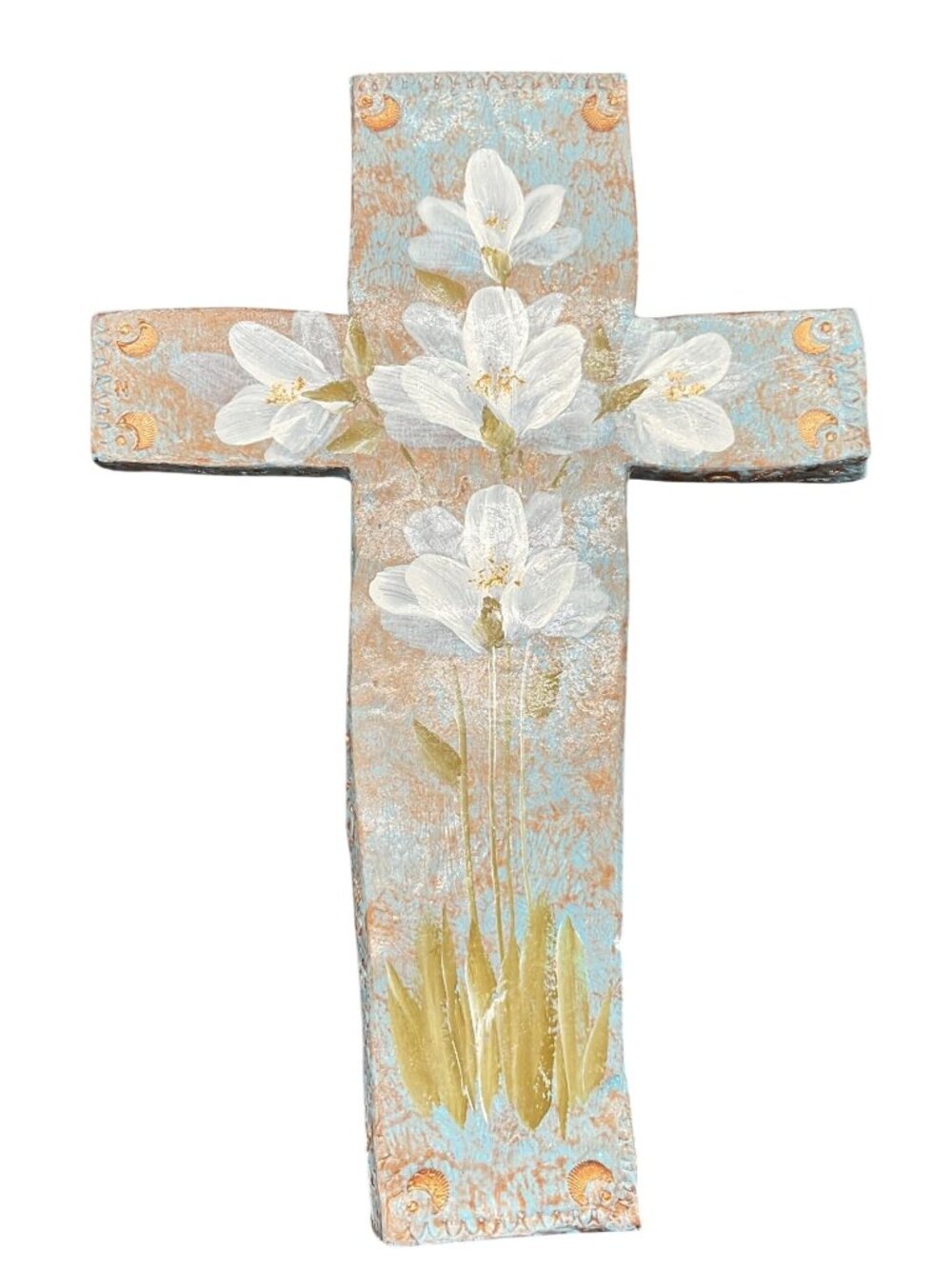 Hand-Painted Ceramic Cross White Flowers Gold Accents Wall Hanging 14" x 9"